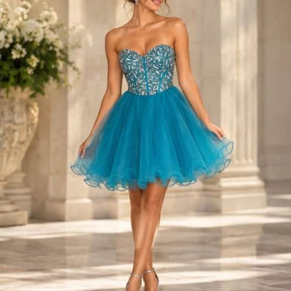 NWT Narianna Corset Back Blue Strapless Tulle Babydoll Dress M